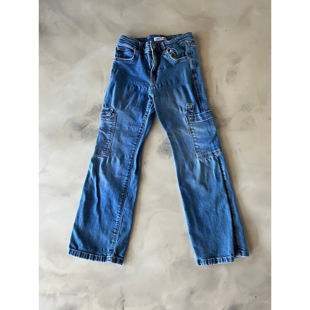 Zara Kids Blue Denim Cargo Jeans Straight Leg Utility Pants Size 11-12 Medium Wa